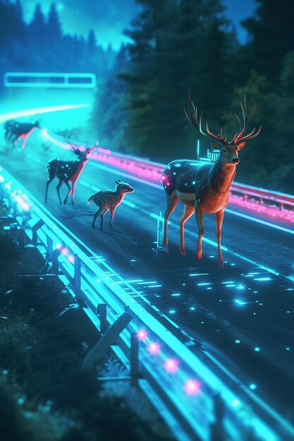 Futuristic concept of a wildlife crossing over a neoninfused highway