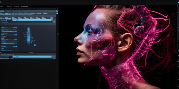 Futuristic conceptual AI image woman with neon digital patterns concept of cyber technology