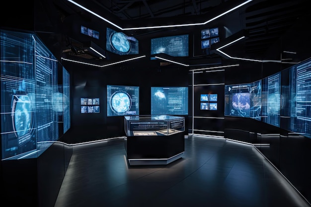 Futuristic and conceptual museum with interactive exhibits and holographic displays created with gen