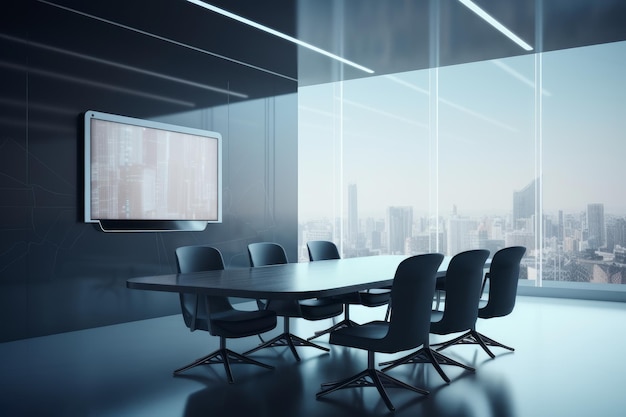 Futuristic conference room with blank wall plasma and city view 3D Rendering