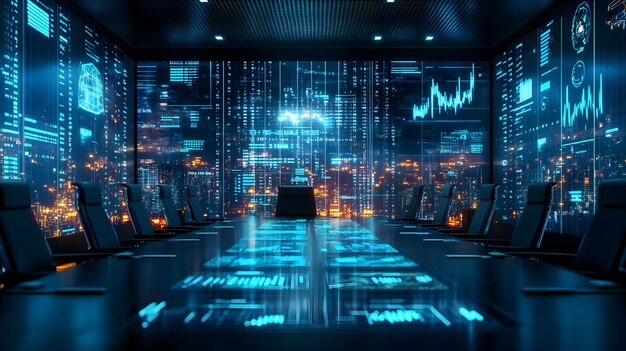 futuristic conference room with cityscape view