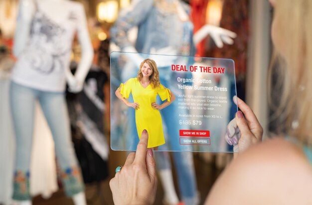 Futuristic consumer tech, woman using transparent tablet in store and viewing customized offers