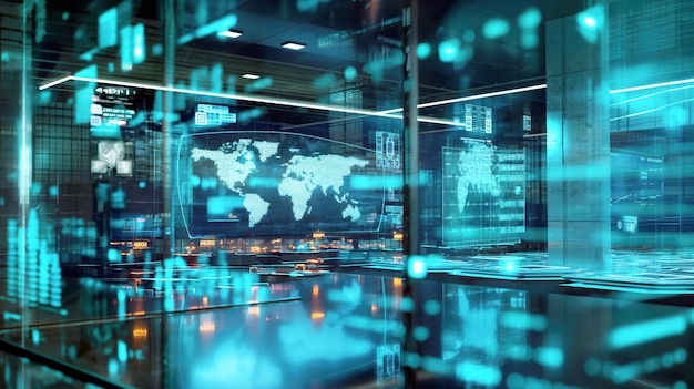 futuristic control room with digital screens showing world maps and data analytics