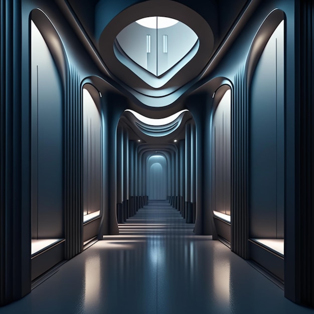 Photo futuristic corridor interior space room cosmic hallway spaceship neon tunnel teleport background