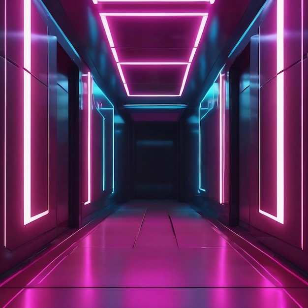 Futuristic corridor technology background with neon glow