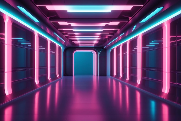 Futuristic corridor with glowing lights and neon light reflections AI generative