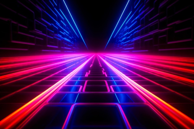 Futuristic corridor with glowing neon lights 3d render abstract background