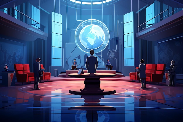 A futuristic courtroom with virtual witnesses illustration
