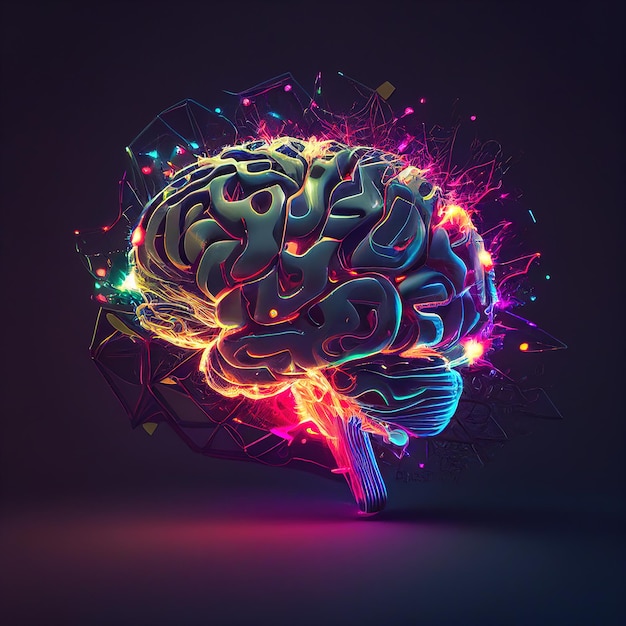 Futuristic creative brain with neon colorful light and sparks Generative AI illustration