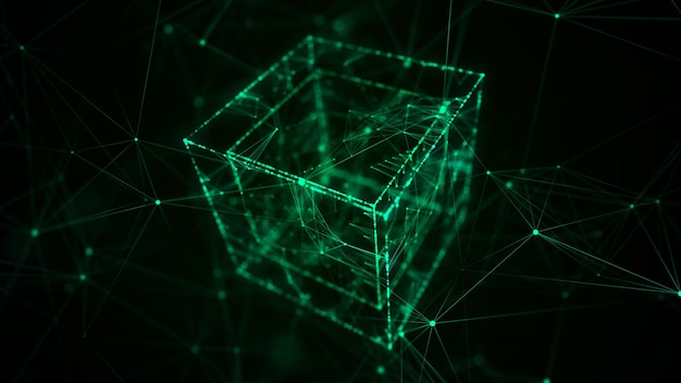 Futuristic cube with connected particles in cyberspace Technology blockchain concept