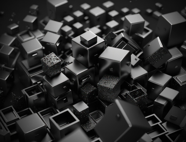 Futuristic cubes dark black background Abstract geometric mosaic grid Square tiles pattern Generative AI technology