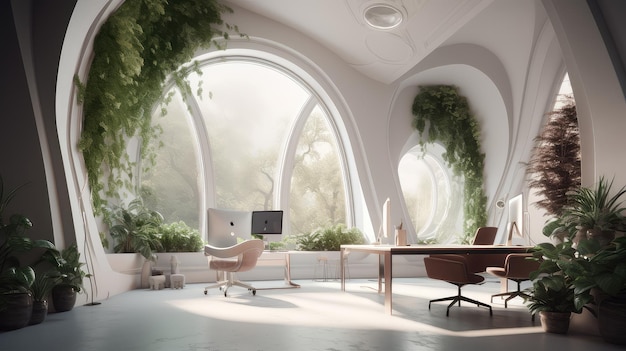 Futuristic curvilinear interior minimal home office terracotta Generative AI AIG18