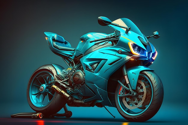 輝く青い色調の未来的なカスタム角度付きライト バイク コンセプト ニューラル ネットワーク生成アート