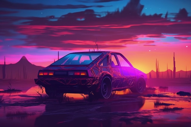 Futuristic custom car illustration landscape in the background vaporwave Generative AI