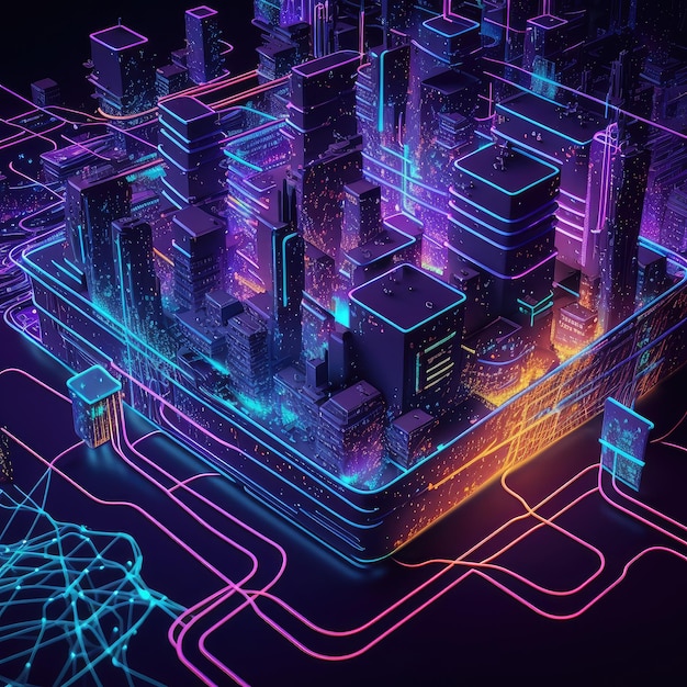 Photo futuristic cyber city with network connectivity concept
