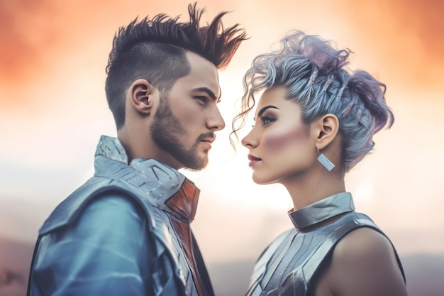 Futuristic cyber couple looking at each other at sunset People suits cyborg portrait Generate ai
