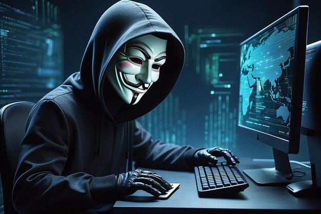 Photo futuristic cyber hacker operating under the guise of anonymous employs advanced algorithms to infiltrate cybersecurity systems and exploit vulnerabilities in password security