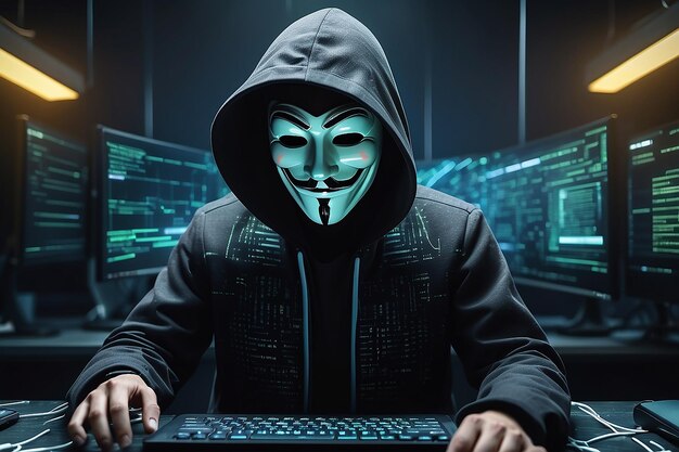 Photo futuristic cyber hacker operating under the guise of anonymous employs advanced algorithms to infiltrate cybersecurity systems and exploit vulnerabilities in password security