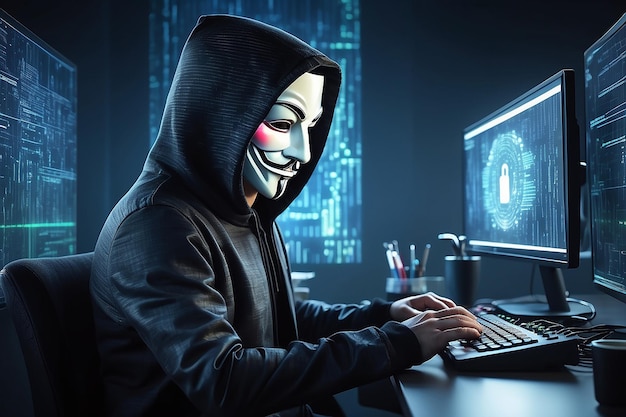 futuristic cyber hacker operating under the guise of anonymous employs advanced algorithms to infiltrate cybersecurity systems and exploit vulnerabilities in password security