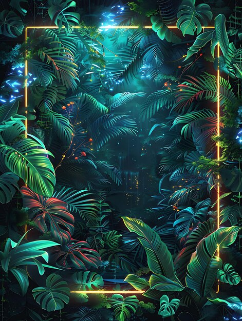 Futuristic Cyber Jungle Arcane Frame With Digital Foliage an Neon Color Background Art Collection