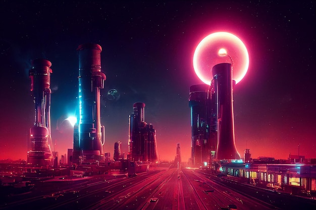 Illustrazione futuristica di arte 3d concettuale di fantascienza della città dell'energia atomica di cyber punk