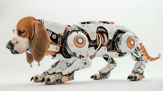 Foto concetto di animale cibernetico futuristico con un design di cane beagle bionico robotico su uno sfondo bianco