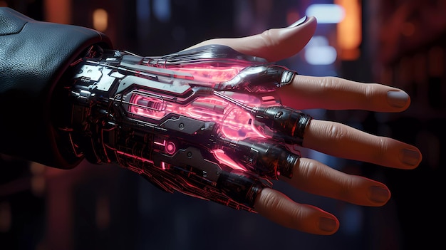 Futuristic cybernetic robotic hand in cyberpunk style