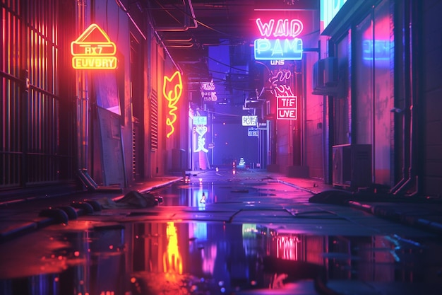 Futuristic cyberpunk alley with neon signs casting