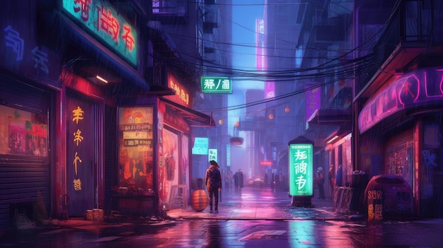 futuristic cyberpunk alleyway neon lights lit at night background