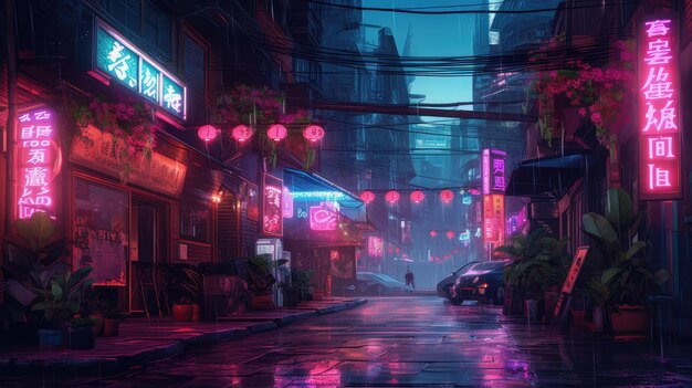 futuristic cyberpunk alleyway neon lights lit at night background