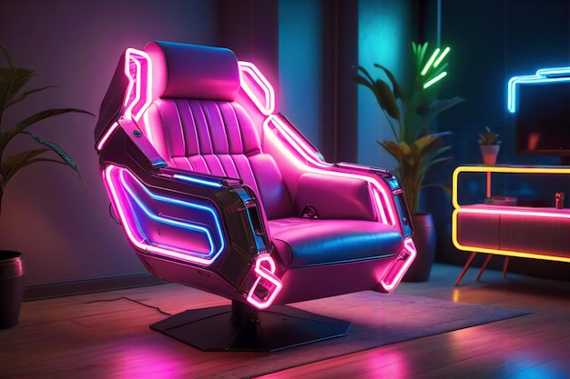 Футуристическое киберпанк-кресло, украшенное неоновыми огнями, сочетающее технологию и стиль для шикарного