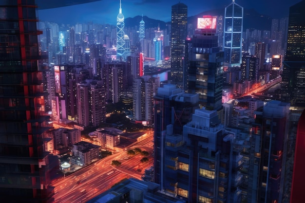 미래의 사이버 크 도시: 밤에 켜지는 네온 불빛 배경 일러스트레이션