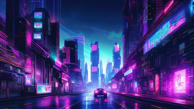 futuristic cyberpunk city neon lights lit at night background illustration