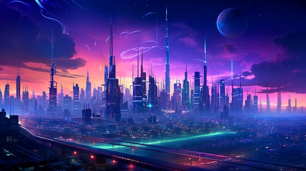 Футуристический киберпанк-город ночью. Современный городской пейзаж, созданный искусственным интеллектом.