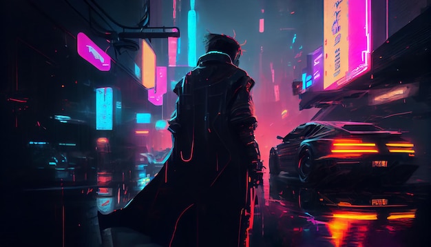 Futuristic cyberpunk city panoramic view Concept painting of cityscape Urban landscape artwork Neon street lights