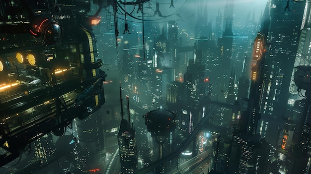 futuristic cyberpunk cityscape at night with glowing lights skyscrapers and flying vehicles ideal for scifi and technology themes