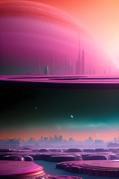 futuristic cyberpunk cityscape plain on a future ice planet orange and pink gas giant generative ai