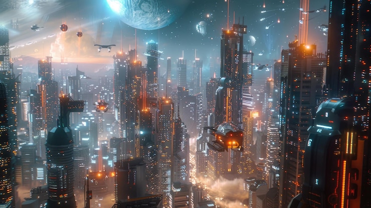 Photo futuristic cyberpunk cityscape with neon lights flying cars a scifi metropolis of the future aig59