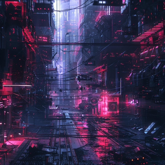 Photo futuristic cyberpunk cityscape with red and purple lights