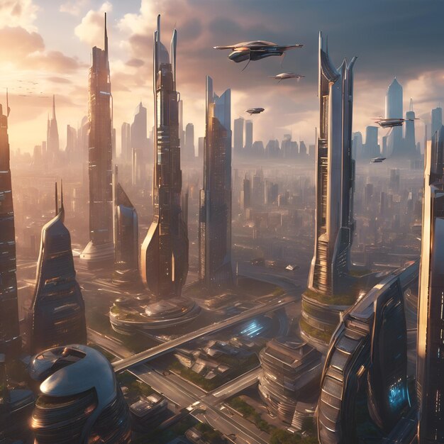 A futuristic cyberpunk cityscape with towering skyscrapers and flying vehicles