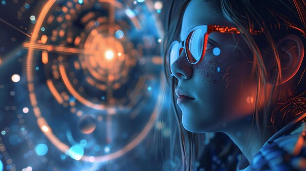 Futuristic cyberpunk girl marvels at digital space virtual reality concept neon glow scifi style visualizing future AI generated AI