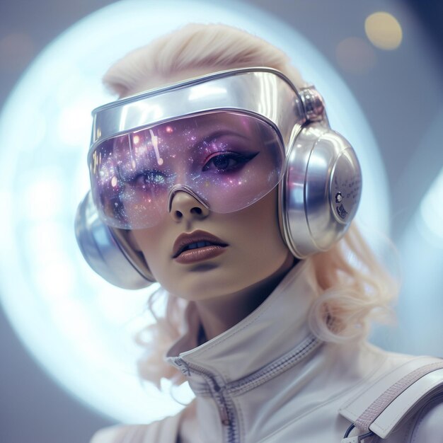 Foto ragazza cyberpunk futuristica con occhiali innovativi ispirati alla fotografia ultra look