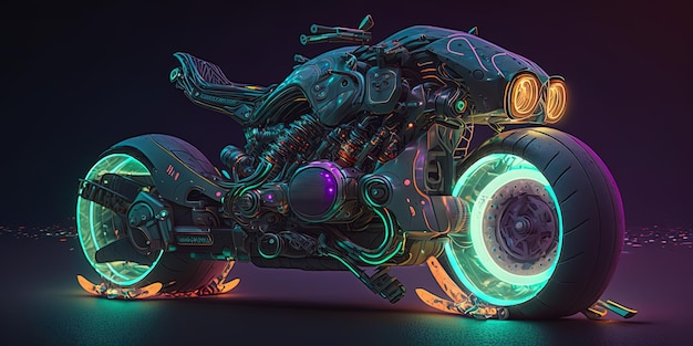 Futuristic cyberpunk inspired motorcycle as a glowing object of infinite power AIGenerated