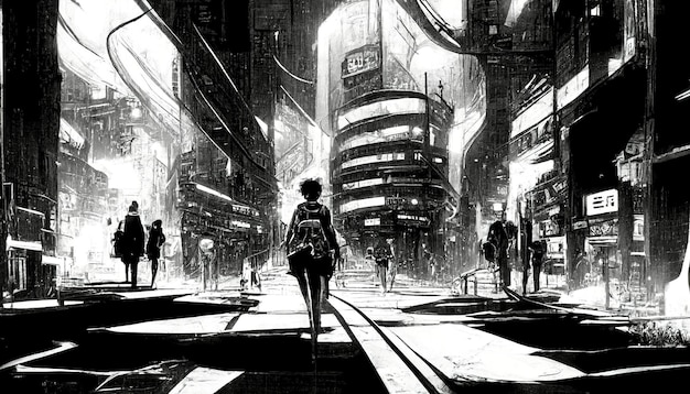 Futuristic cyberpunk landscape in comic manga style linart art
