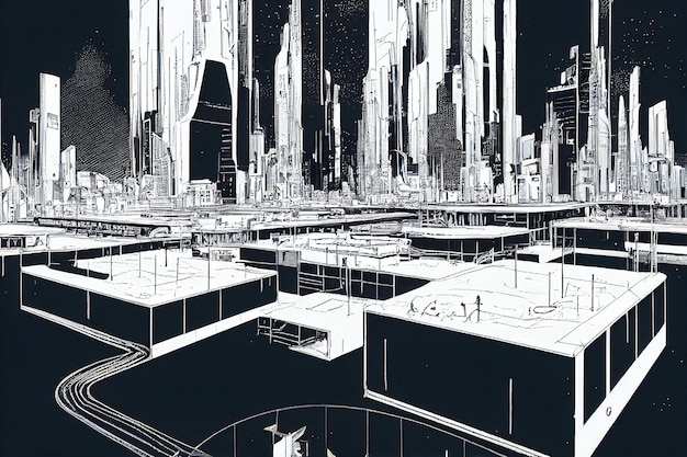 Futuristic cyberpunk landscape in comic manga style linart art