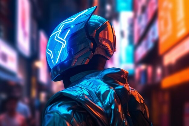 Futuristic cyberpunk man with neon light on his face