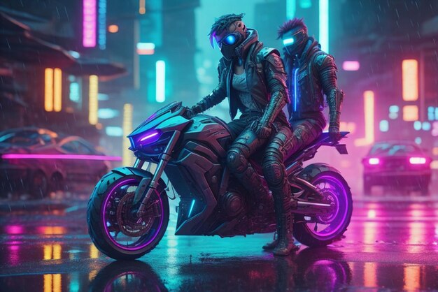 Futuristic cyberpunk masked assassin half cyborg riding a motorcycle generated by ai