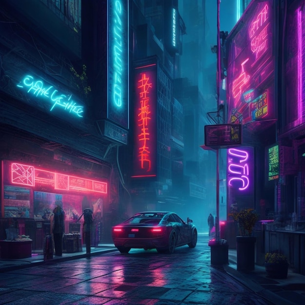 Футуристический киберпанк-метрополис в ночное время