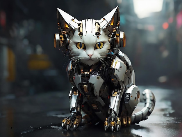 Futuristic cyberpunk robot cat