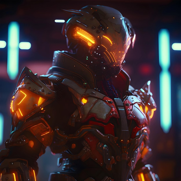 Futuristic cyberpunk robot in red led suit